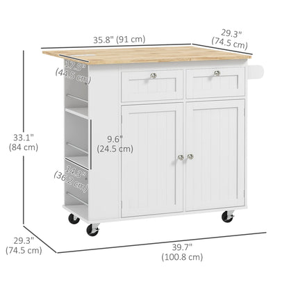 Kitchen Island with Power Outlet and Drop Leaf, Rolling Kitchen Cart with 2 Drawers and Adjustable Shelves, Black