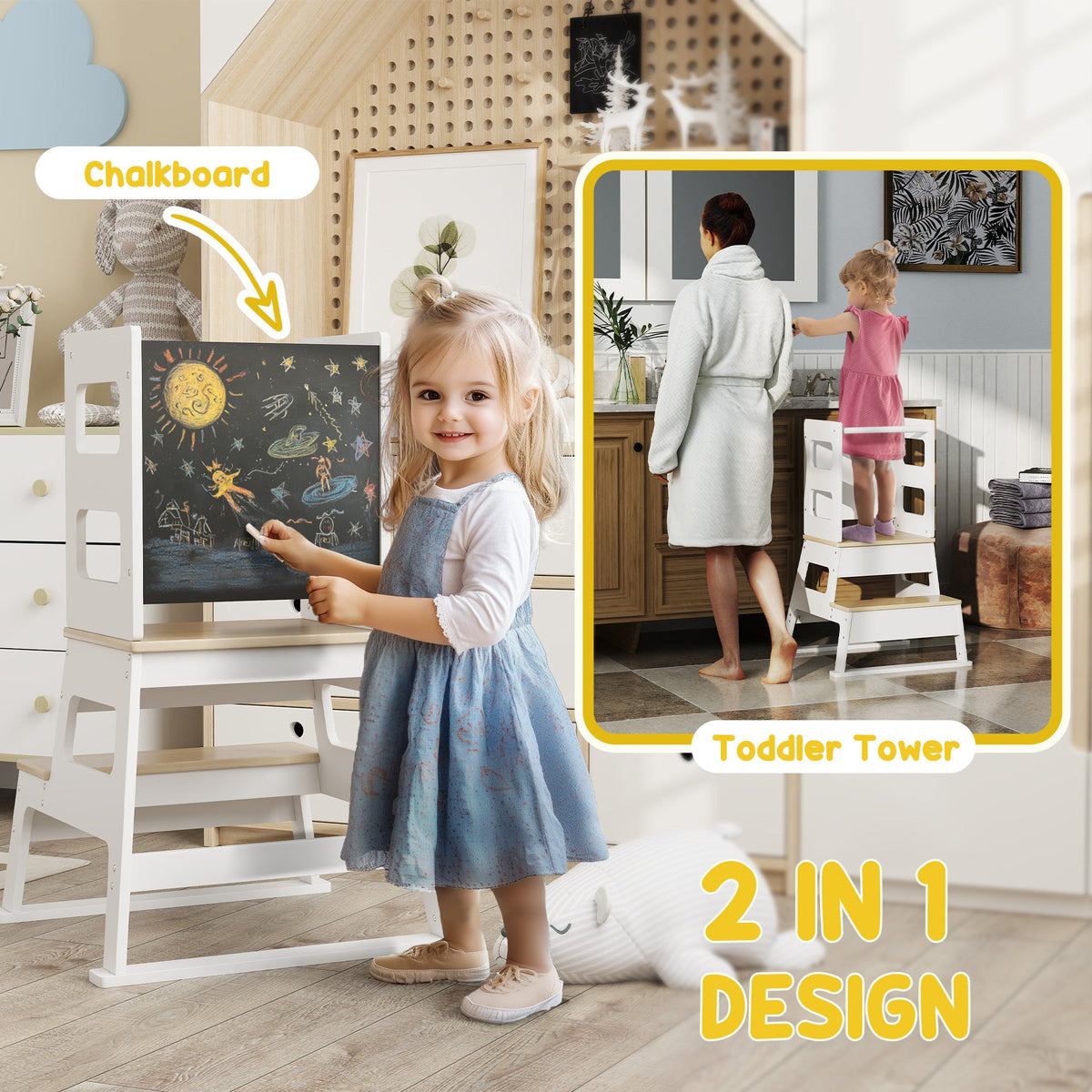 2 in 1 Toddler Tower Kitchen Helper w/ Chalkboard, Safety Rail, for Counter, Bathroom, Sink, Kitchen, White