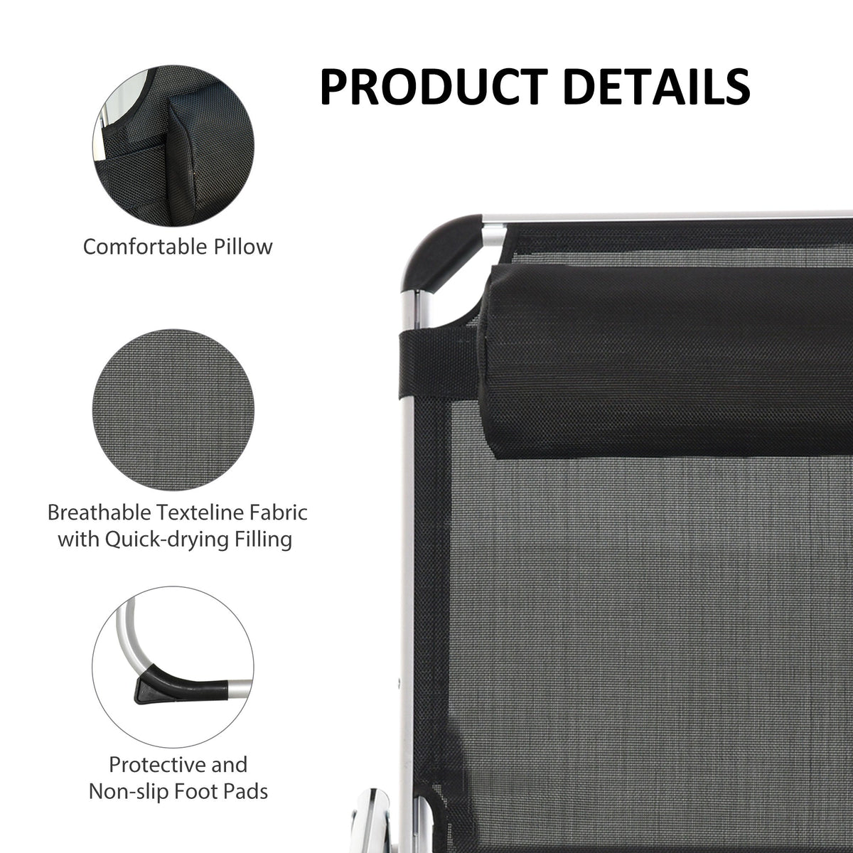 Folding Lounge Chair, Patio Lounger with Headrest, 5-Level Adjustable Backrest, and Aluminum Frame, Black