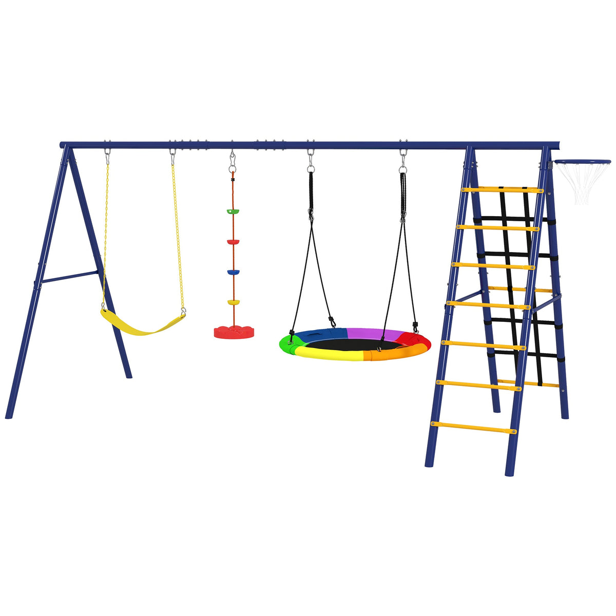 6 in 1 Kids Swing Set with 1 Saucer Swing, 1 Belt Swing, 1 Disc Rope Swing, Climbing Ladder and Net, Basketball Hoop