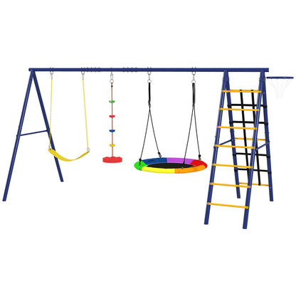 6 in 1 Kids Swing Set with 1 Saucer Swing, 1 Belt Swing, 1 Disc Rope Swing, Climbing Ladder and Net, Basketball Hoop
