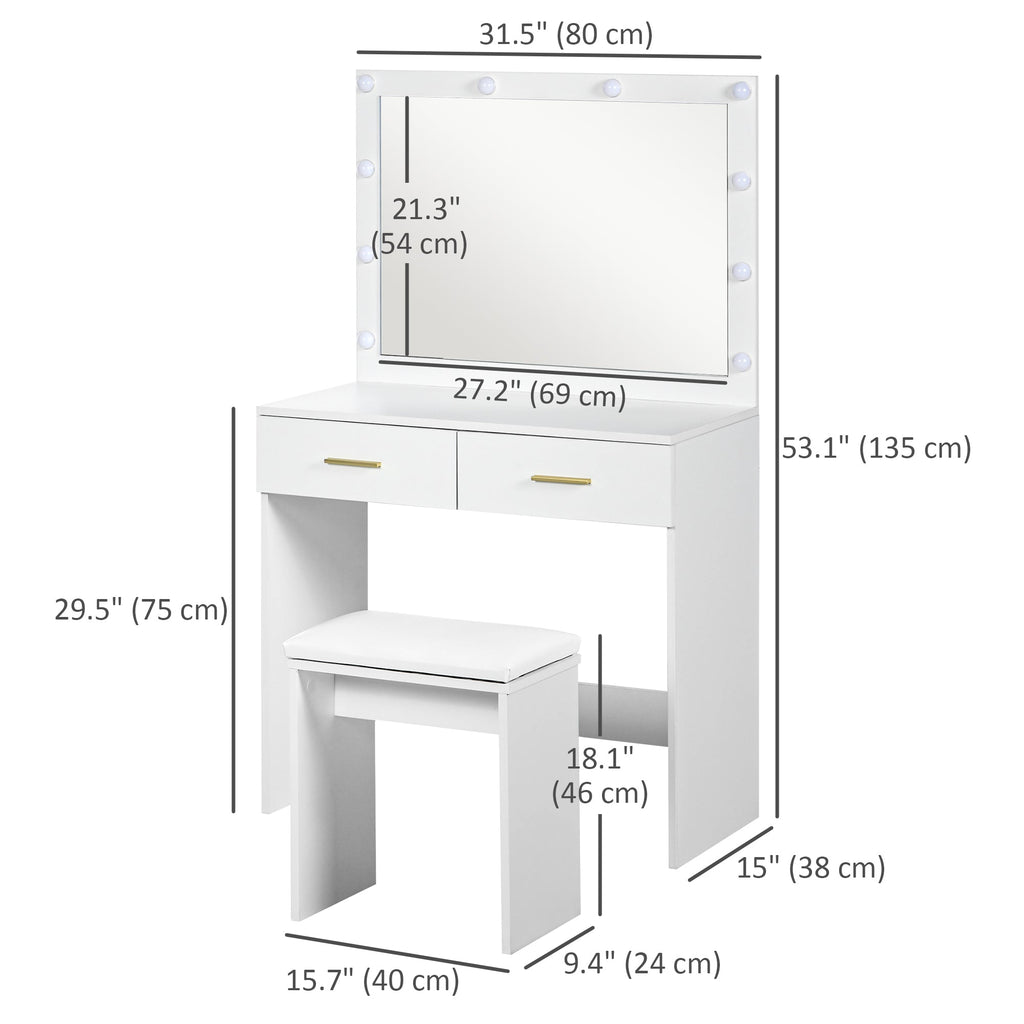 Olivia Vanity Desk Set with Stool and LED Lighting Mirror-White