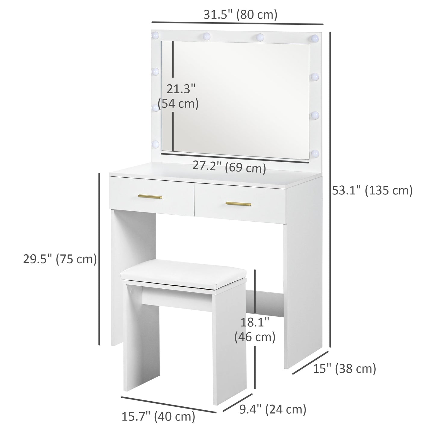 Olivia Vanity Desk Set with Stool and LED Lighting Mirror-White