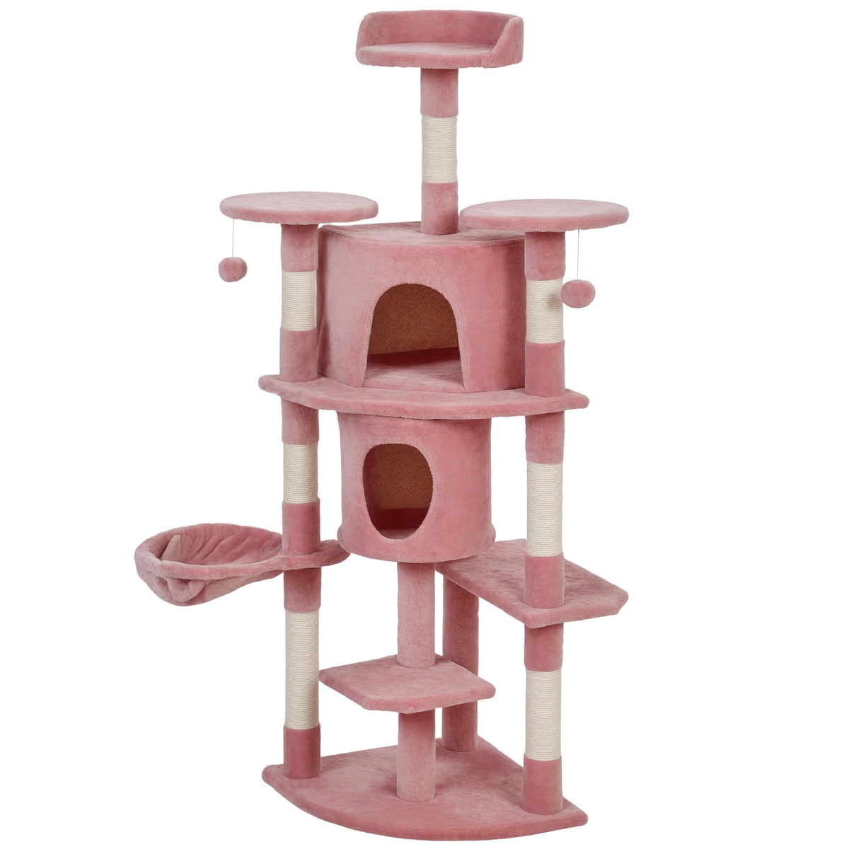 62" Cat Tree with Scratching Post, 2 Condos, Hammock, Perches, Plush, Pompoms, for Indoor Cats, Beige