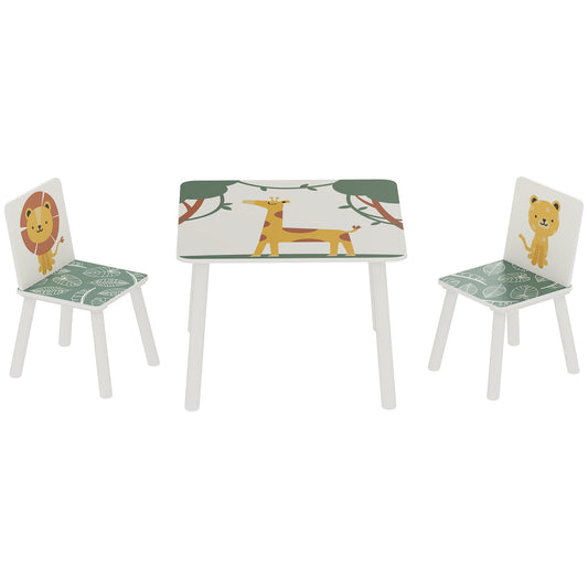 3-Piece Kids Table and Chair Set with Animal Pattern for Boys and Girls Aged 3-8, Bedroom, Nursery, Playroom, Green