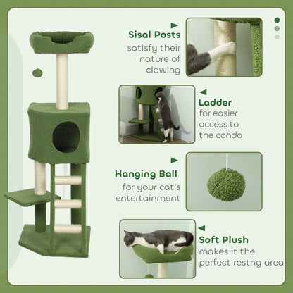 47" Tall Cat Tree Tower with Condo, Ladder, Scratching Posts and Hanging Ball, Light Grey