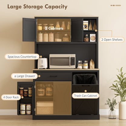 69" Pantry Cabinet with Charging Station, Kitchen Cabinet with Microwave Stand, Tilt-Out Trash Can Cabinet, Black