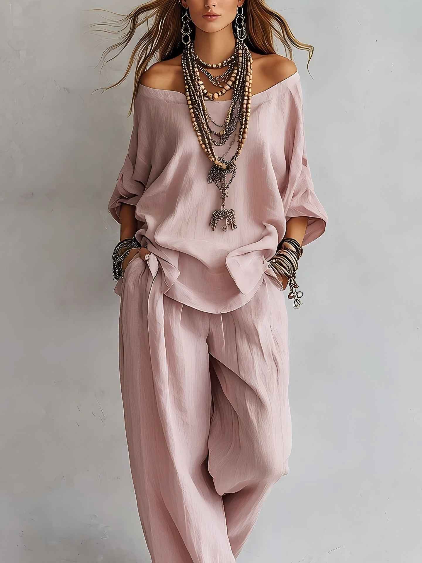 Off-shouder Suits Fashion Three-quarter Sleeves Top And Loose Pockets Wide-Leg Pants Set Women's Clothing