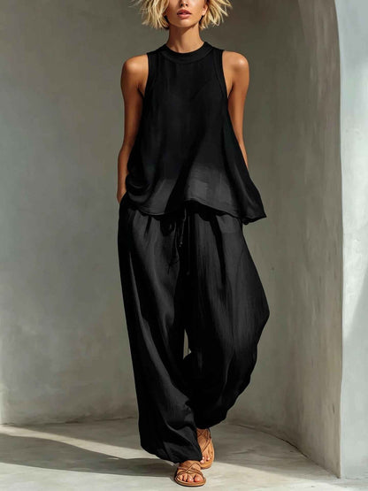 Sheer Round-neck Sleeveless Tank Top And Drawstring Wide-leg Pants Set
