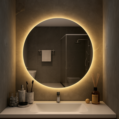 HaloLux Round LED Bathroom Mirror — Edge Back-Lit Halo, Dimmable Touch (Warm/Neutral/Cool), Hardwired | 24″, 28″, 32″
