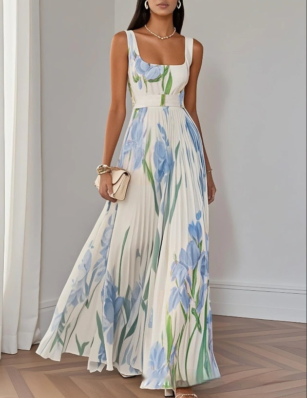 Floral Print Pleated Dress Summer A-Line Sleeveless Midi Dresses Women's Clothing
