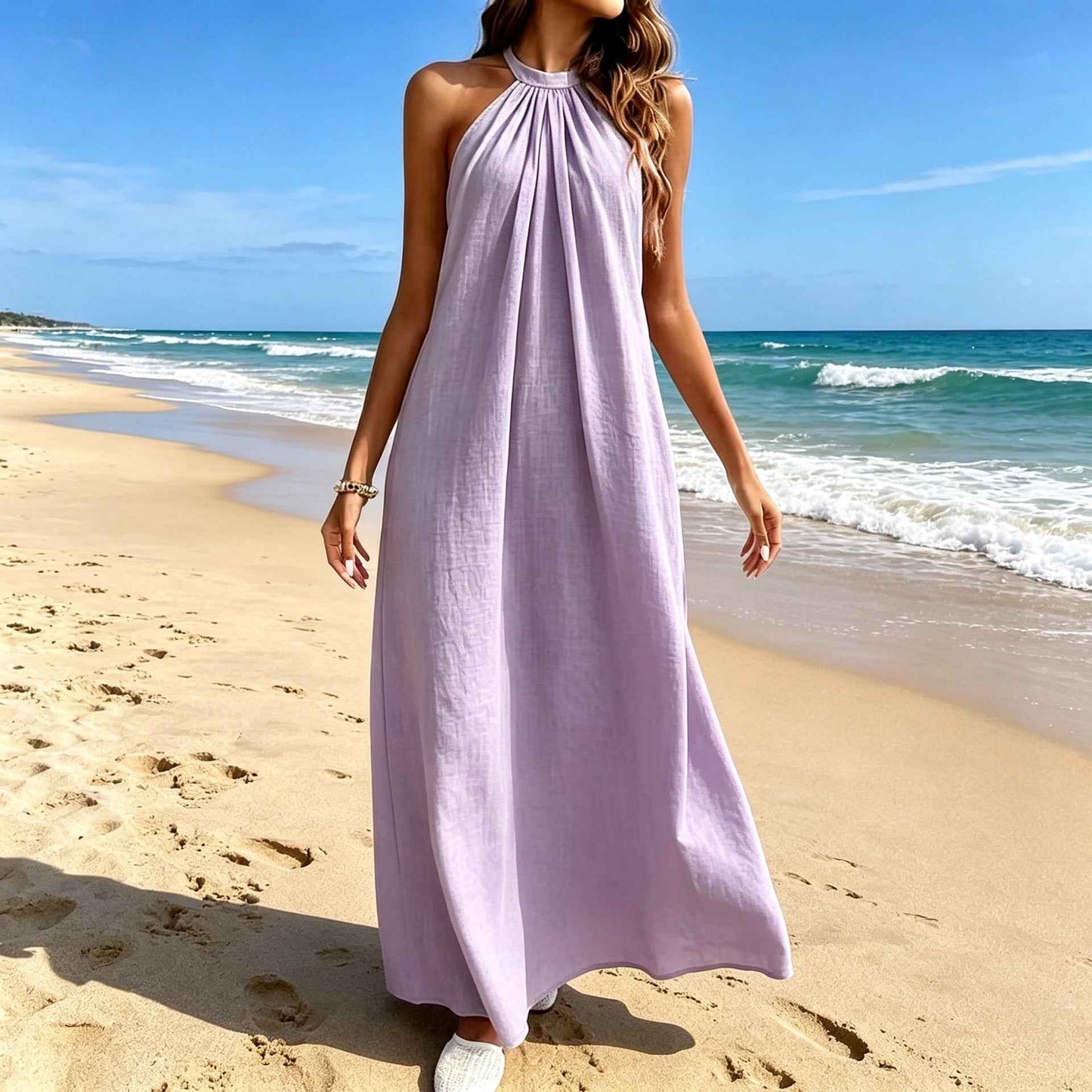 The Ladys Dress Is A Sexy Halter-neck Loose-fitting Style