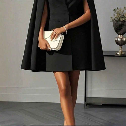 Elegant Cape Blazer Mini Dress For Women, Luxury Double-Breasted V-Neck Formal Dress With Structured Shoulders & Flowing Cape Sleeves.