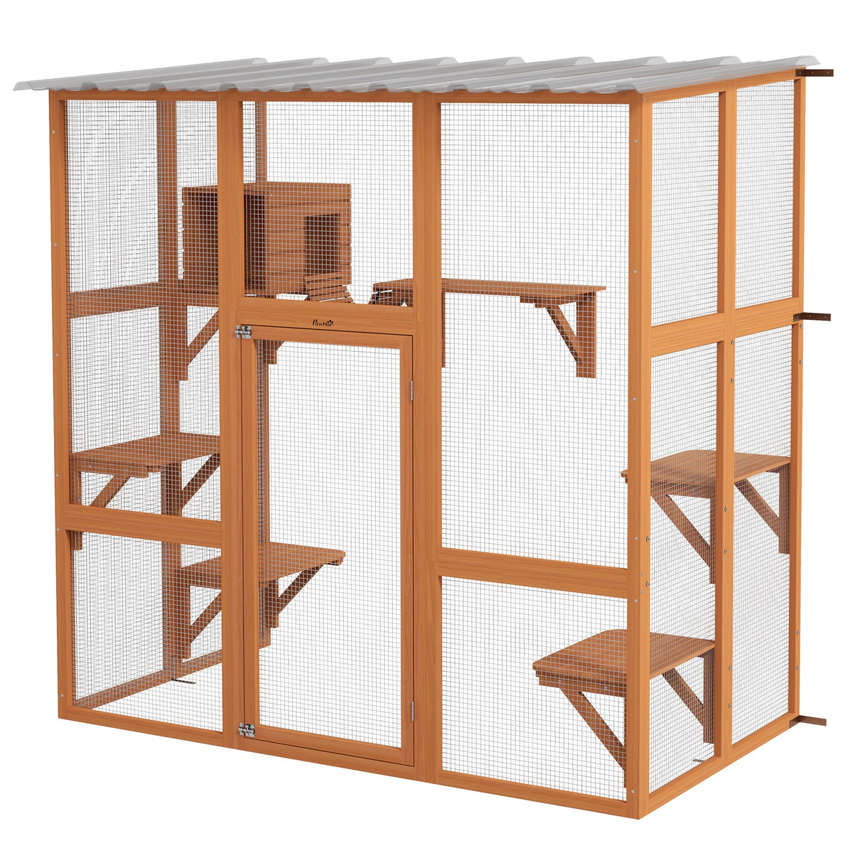 Large Outdoor Catio with Weatherproof Roof, Bridge, Resting Box, Platforms, Grey