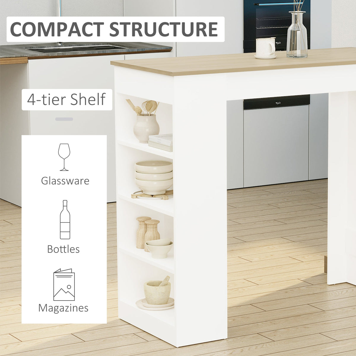 Bar Table, High Top Pub Table with 4 Storage Shelves, Modern Bar Height Table for Home Bar, Kitchen, Grey