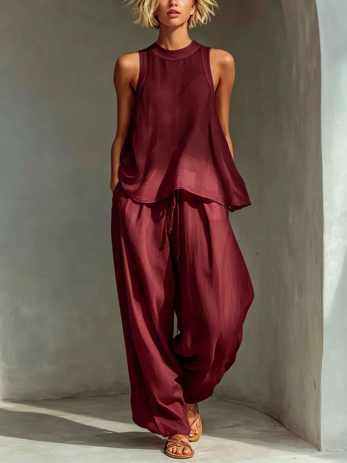 Sheer Round-neck Sleeveless Tank Top And Drawstring Wide-leg Pants Set