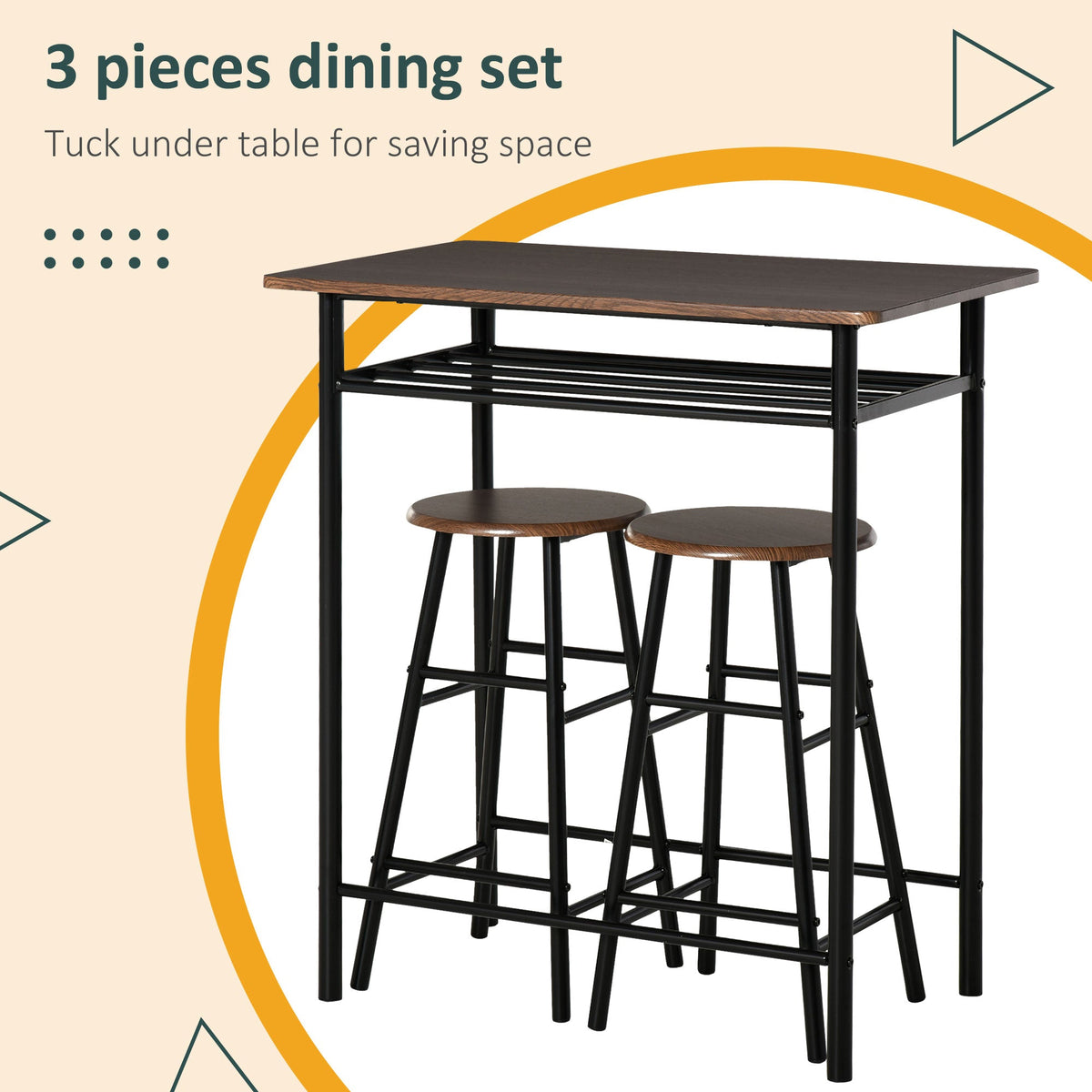 3 Piece Counter Height Bar Table Set with 1 Table, 2 Matching Stools, Dining Table Set with Storage Shelf and Metal Frame Footrest, Black and Oak