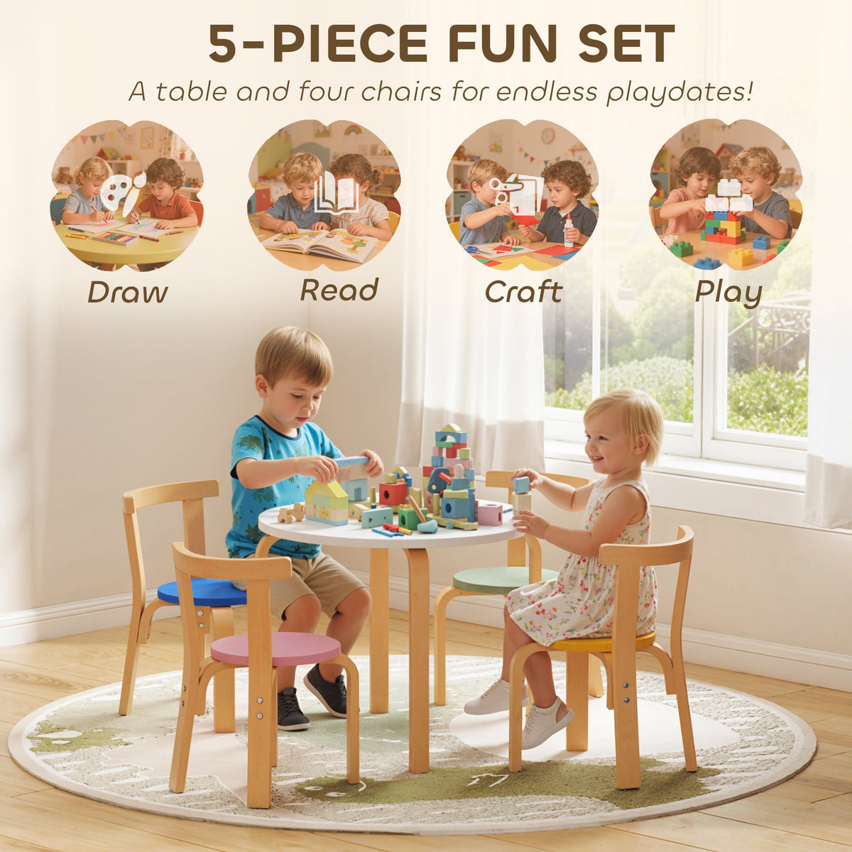 Wooden Kids Table and Chairs Set, Toddler Table and Chairs Set for 3-8 Years, Green