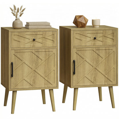 Nightstand Set of 2, Bedside Table Set with Drawer and Cabinet, Side End Table with Storage for Living Room, Oak