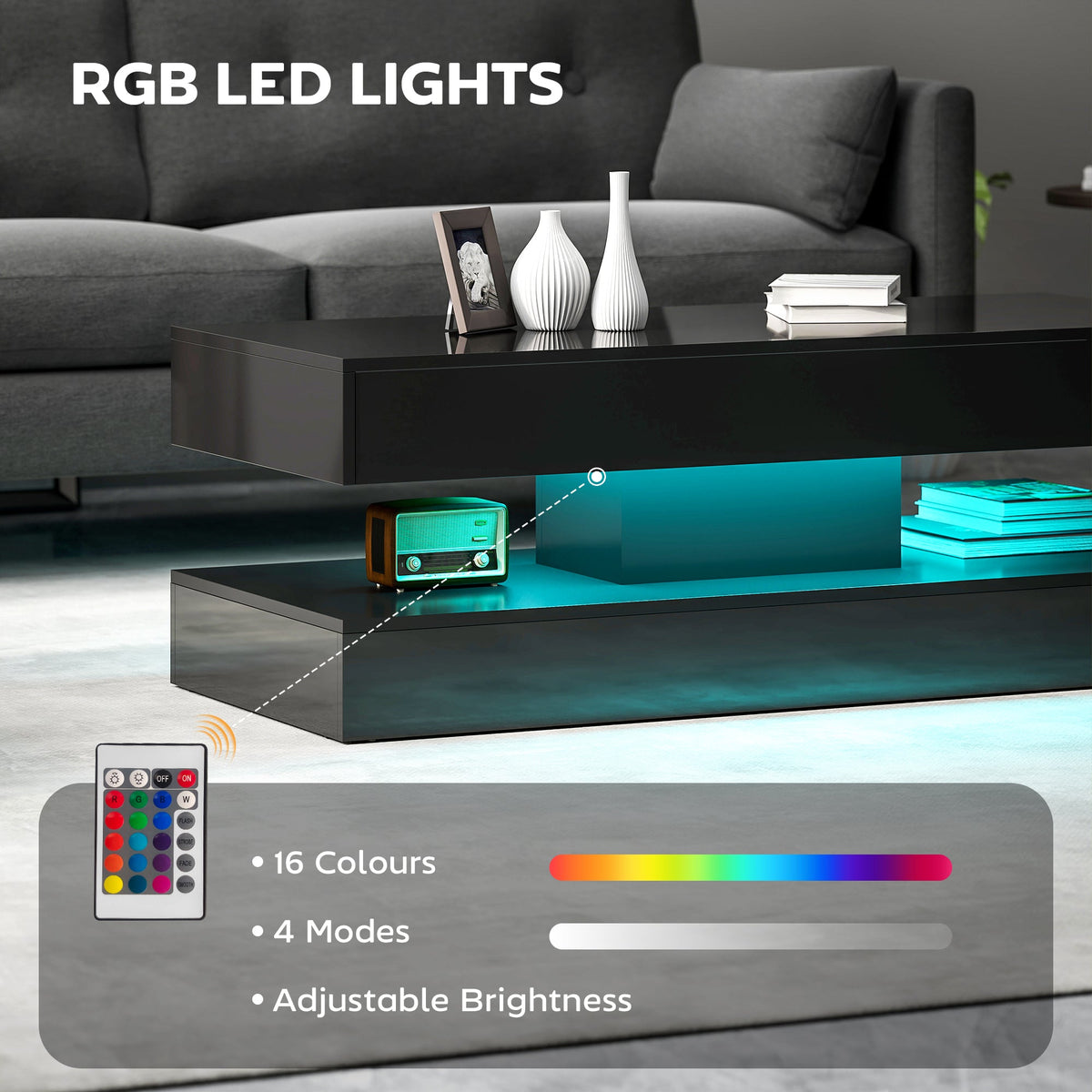 Coffee Table with Adjustable LED Lights, Modern Living Room Table with 2 Drawers, Open Shelf, Remote, High Gloss White