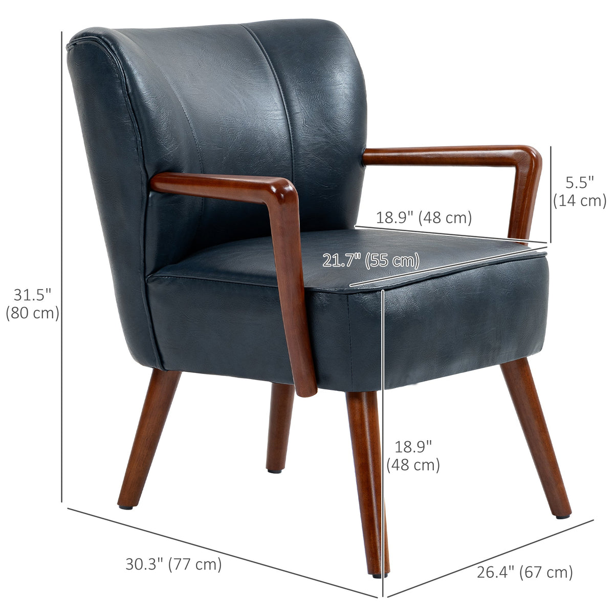 Accent Chair, Modern Armchair, Faux Leather Upholstered Living Room Chair with Wood Legs and Wide Padded Seat, Black