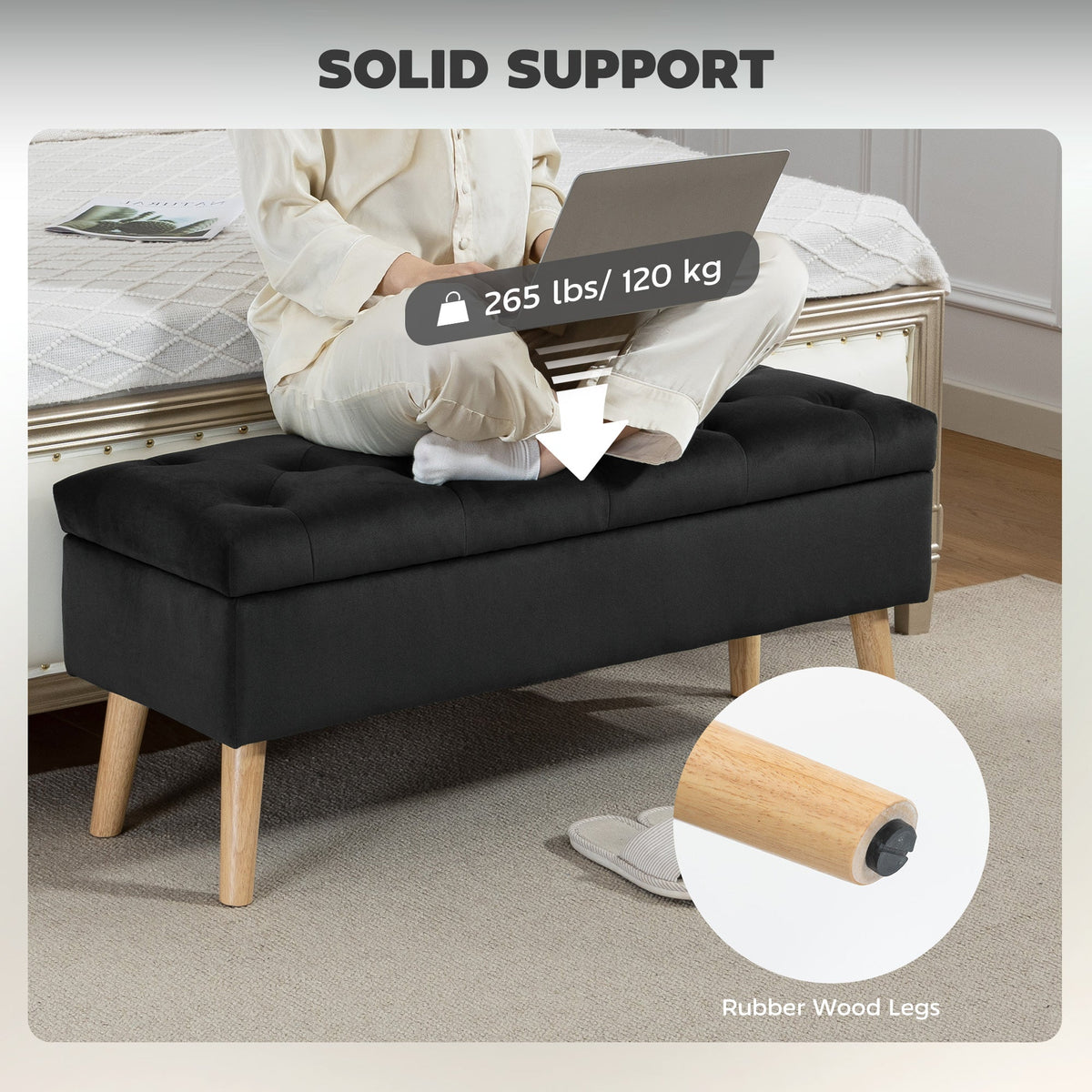 Storage Ottoman with Lid, Velvet Upholstered Storage Bench with Wood Legs for Living Room, Black