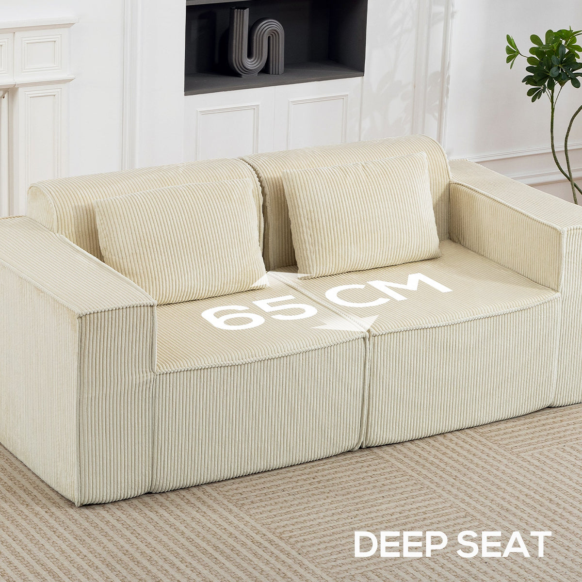 Boneless Couch, Corduroy 3 Seater Sofa with Deep Seat, Wide Armrests, 2 Pillows, Quick Assembly for Living Room, Beige