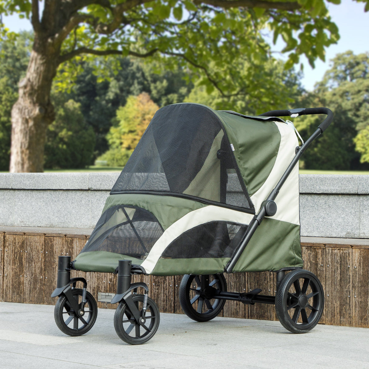 Foldable Pet Stroller for Medium Dogs with Four Big Wheels, Shock-Absorbing Frame, Safety Leashes, Brakes, Black