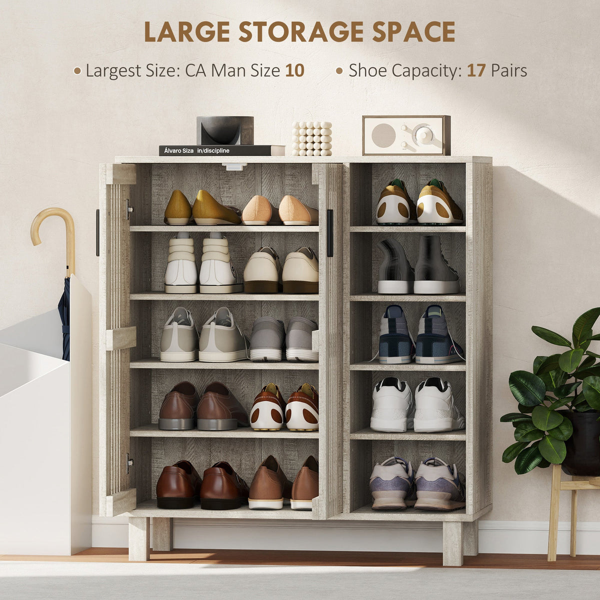 Shoe Storage with Double Doors and Open Shelves 17 Pair Shoe Storage Organizer for Entryway Hallway Black