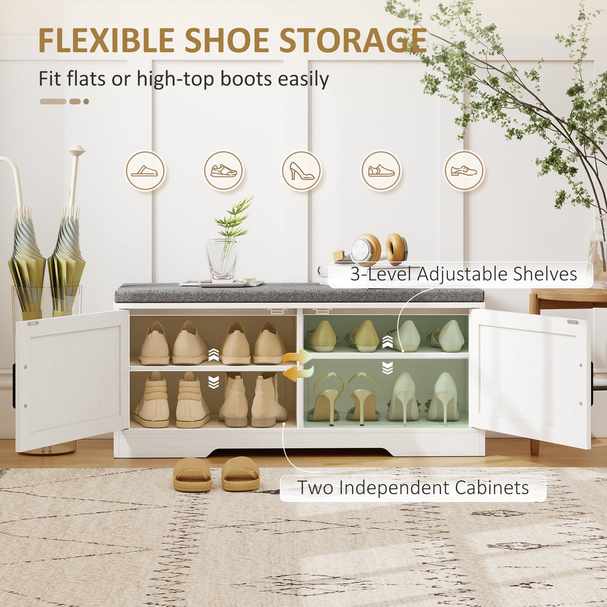 Shoe Bench with Cushion Shoe Storage Bench with Doors Adjustable Shelves for Entryway, White