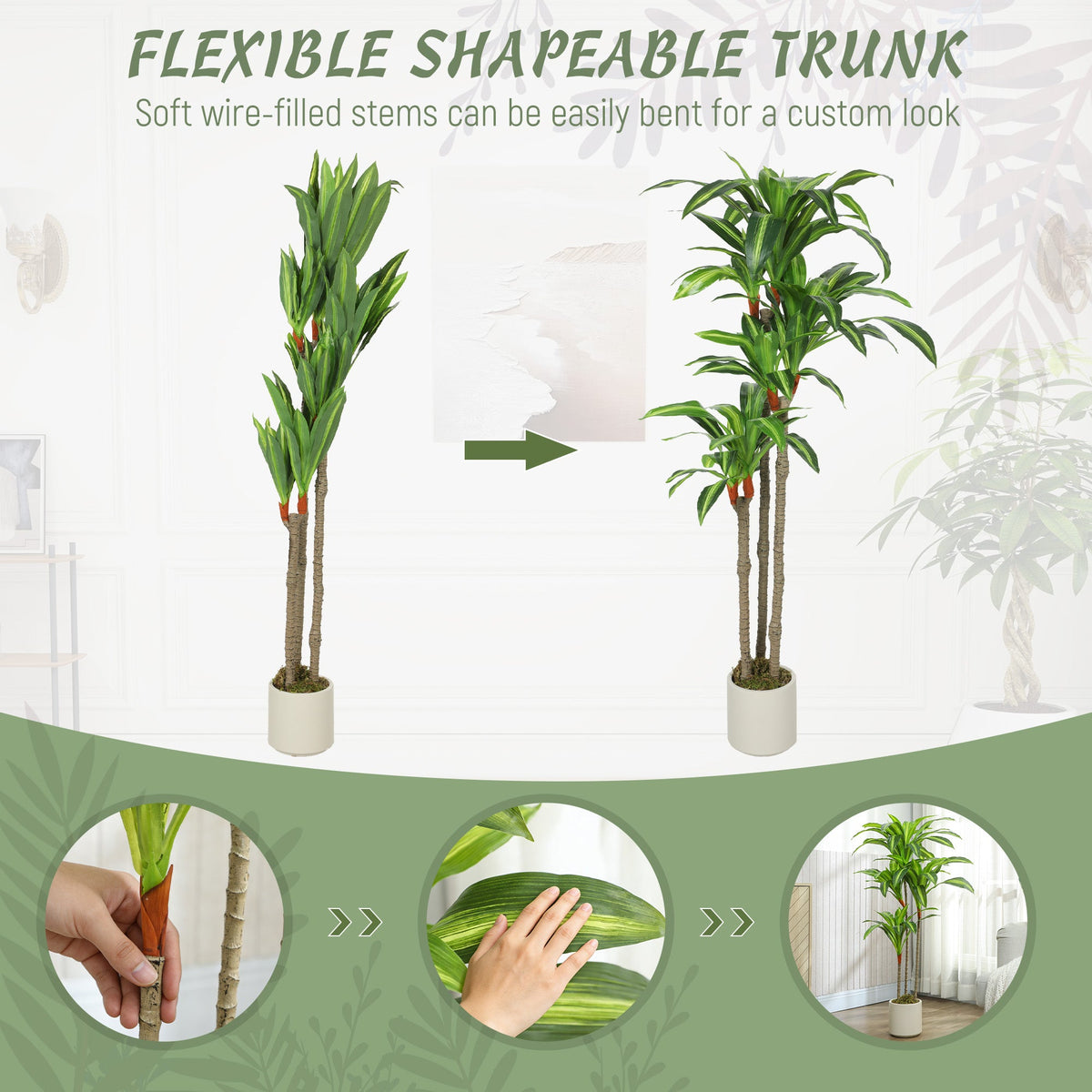 4FT Dracaena Fake Plant, Artificial Plant with Bendable Trunks for Home Office Decor, Green
