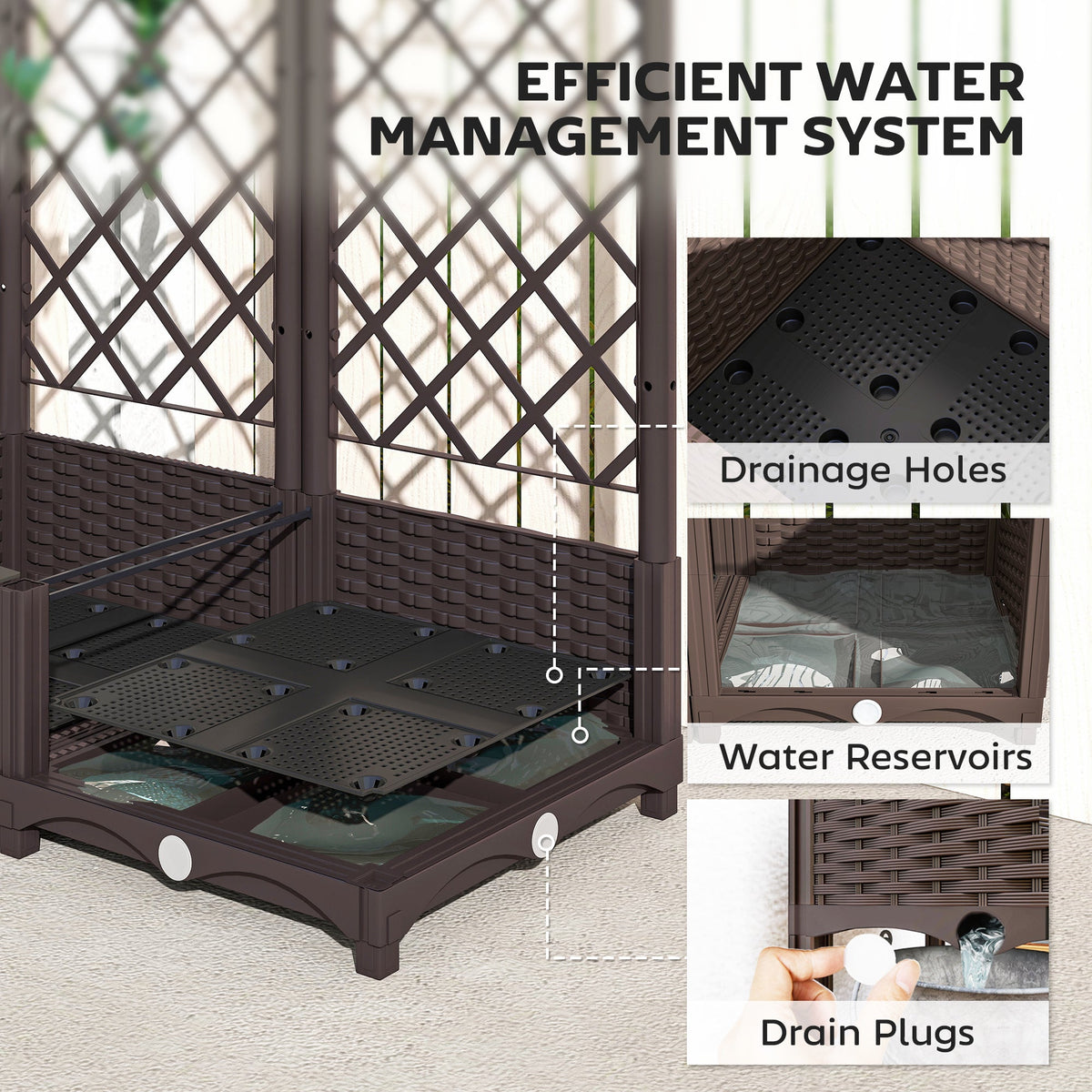 Raised Garden Bed with Trellis, Plastic Raised Flower Bed with Drainage Holes and Drain Plugs, 16" x 16" x 48"