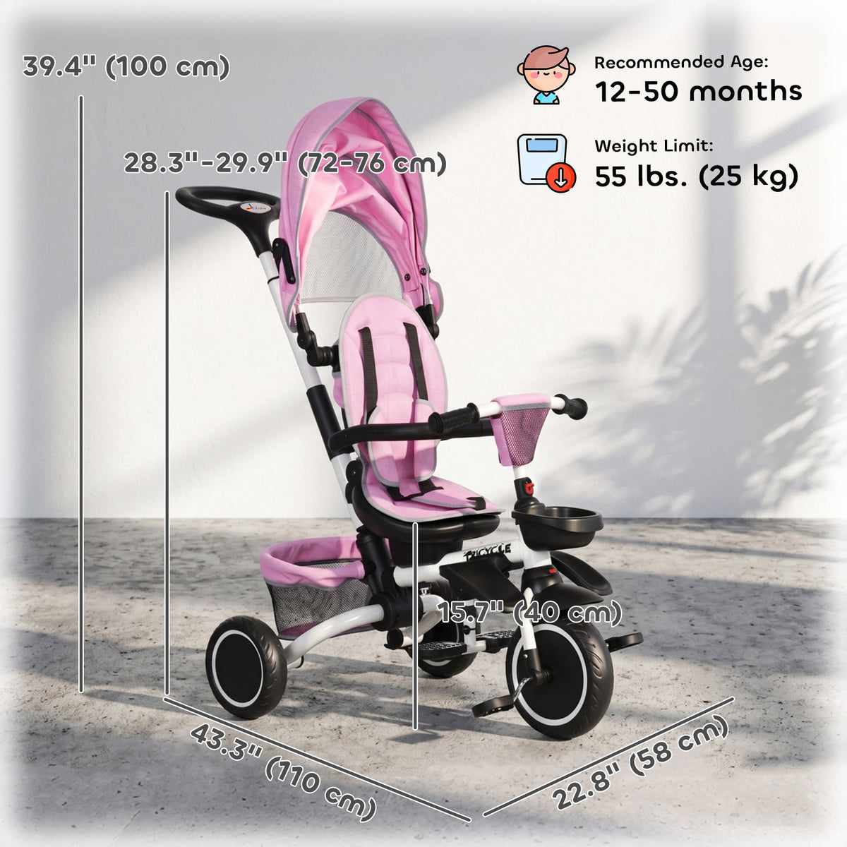 Tricycle for Toddler 6-in-1 Kids Trike, Foldable Converts Stroller to Baby Push Bike, Adjustable Backrest with Detachable Guardrail & Handle, Brake for 1-4 Years Old, Grey