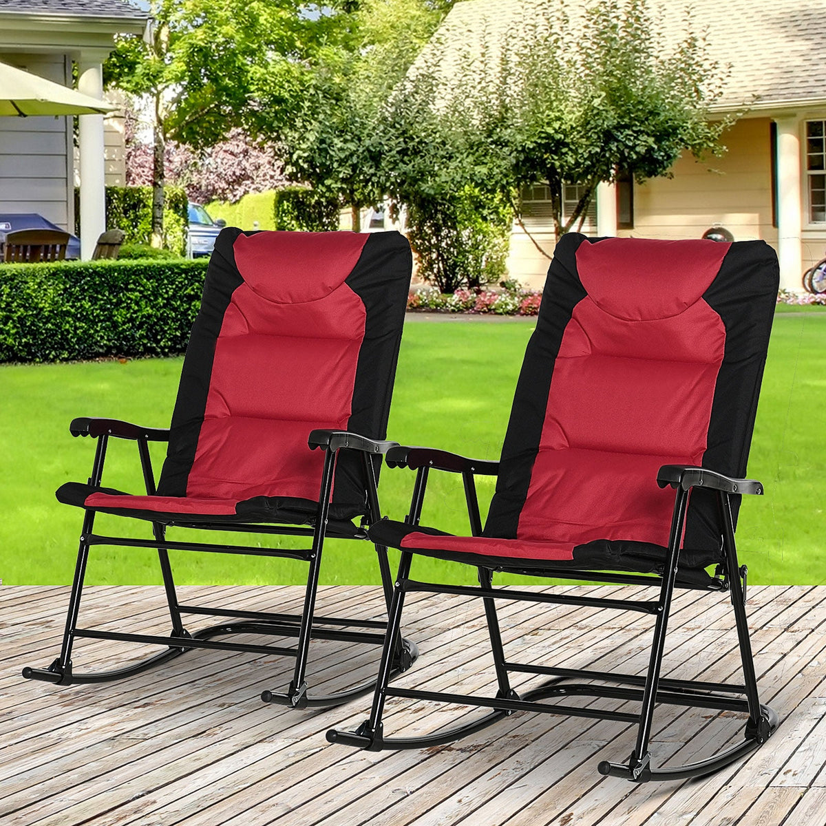 Folding Rocking Chair Set of 2 Padded Rockers with Armrest, Navy Blue