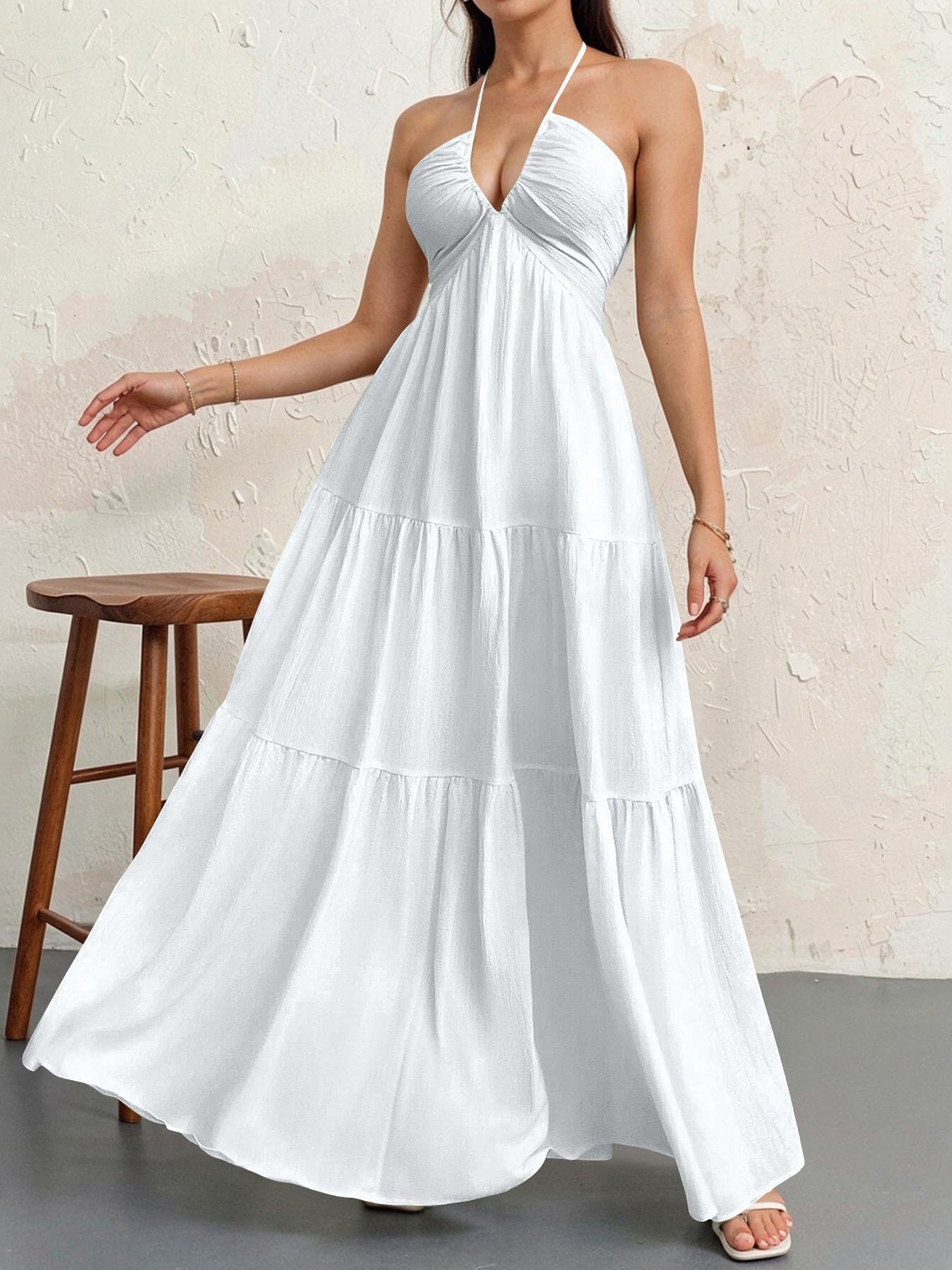 Backless Halterneck V-Neck Pleated A- Line Dress Women's Clothing One-Piece Dress Ankle-length Skirt For Beach Vacation Outfits
