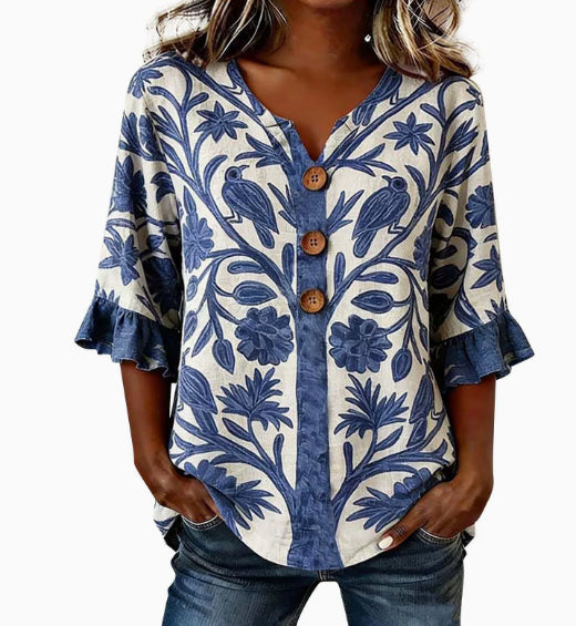Womens Three-quarter-sleeve Buttoned Blouse With A Floral Pattern