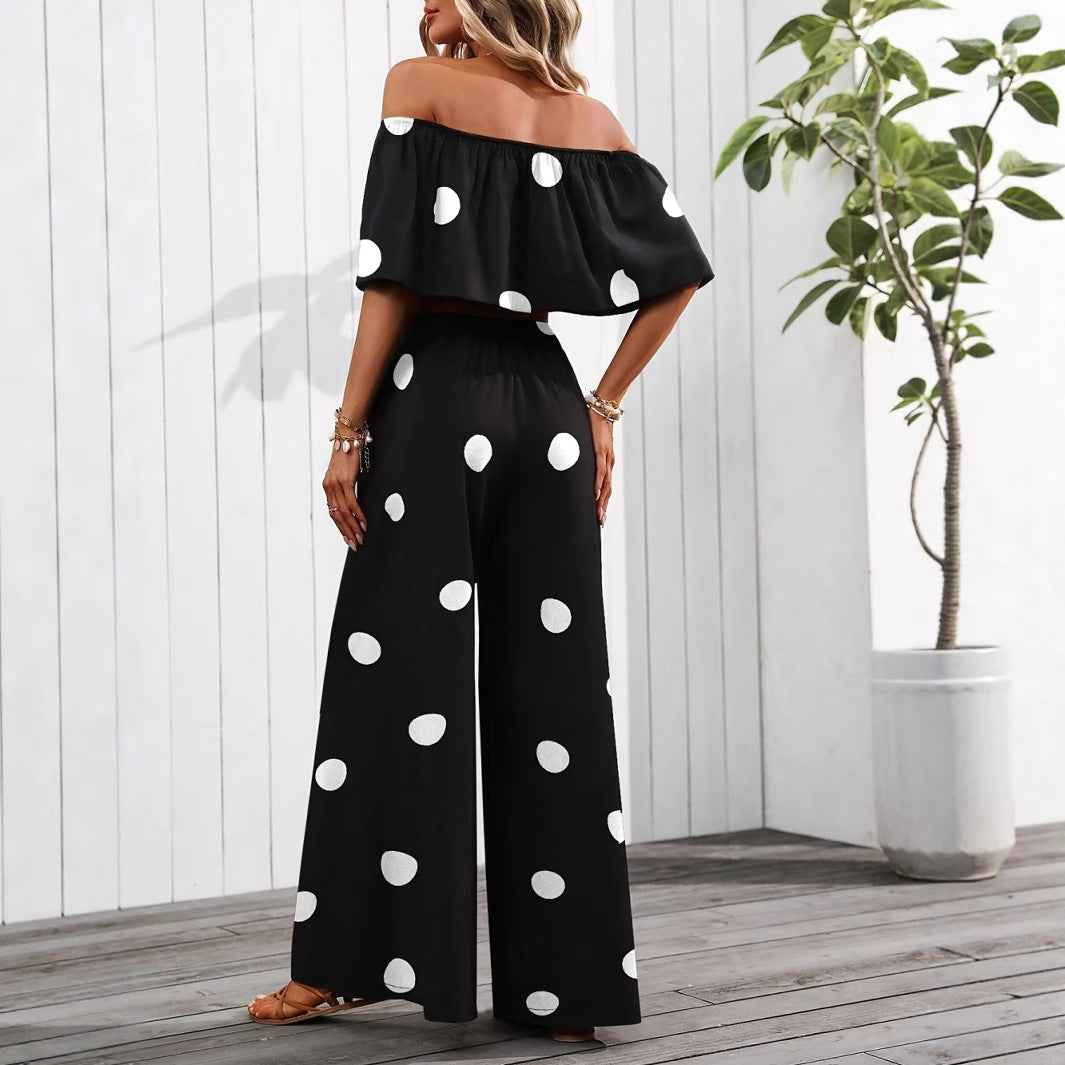 Womens Elegant Resort Polka-Dot Tube Top And Pants Set