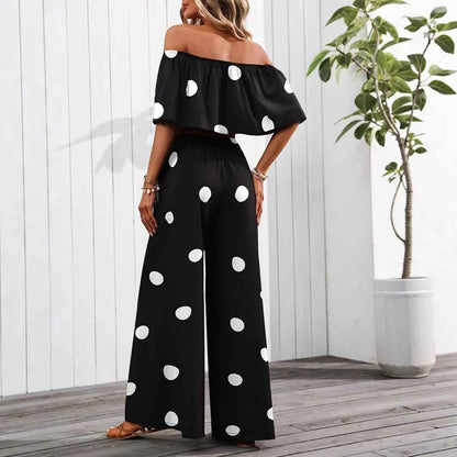 Womens Elegant Resort Polka-Dot Tube Top And Pants Set