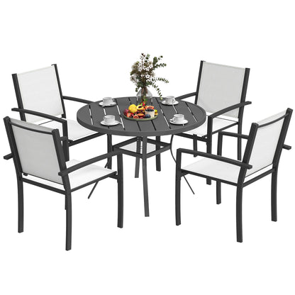 5 Piece Outdoor Dining Set with Round Table and 4 Stackable Chairs, for Backyard, Lawn, Deck, Balcony, Pool Side