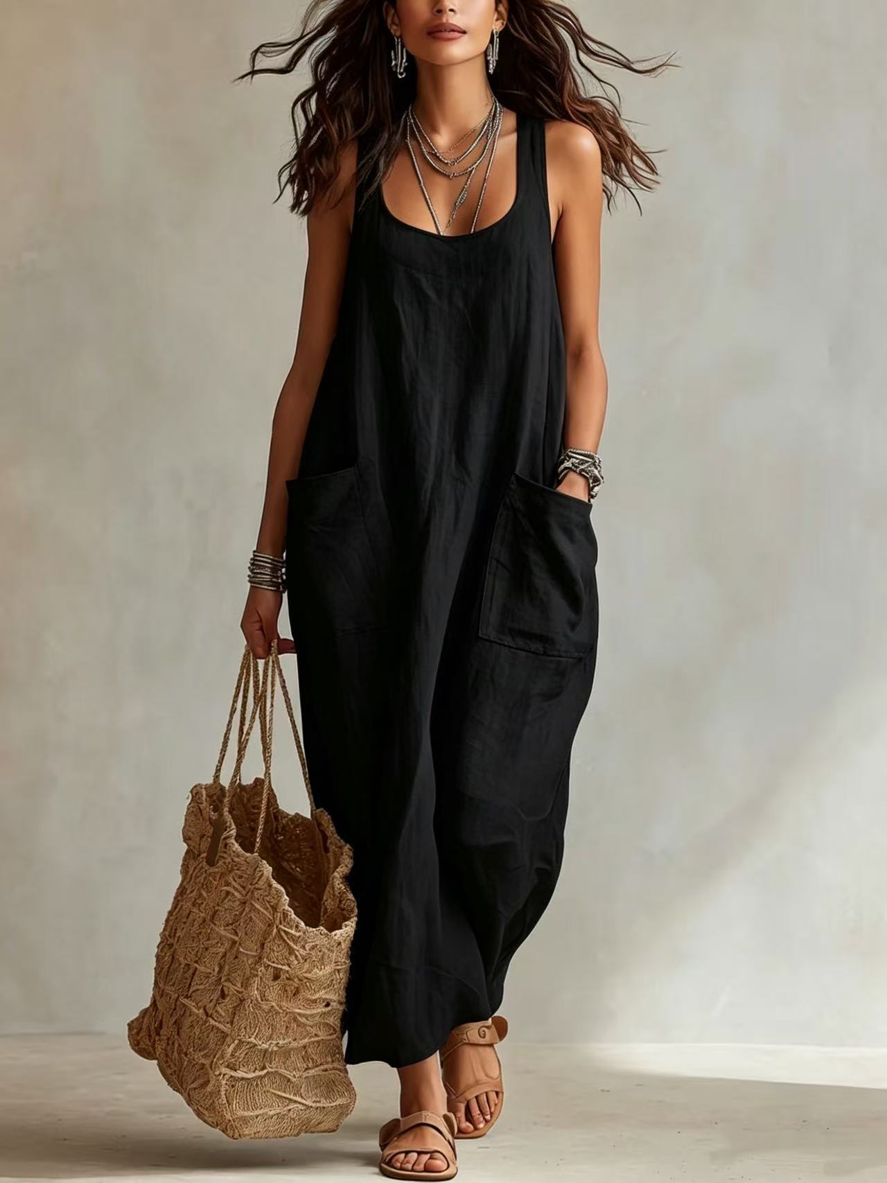 Elegant Casual Long Slip Dress With Pockets