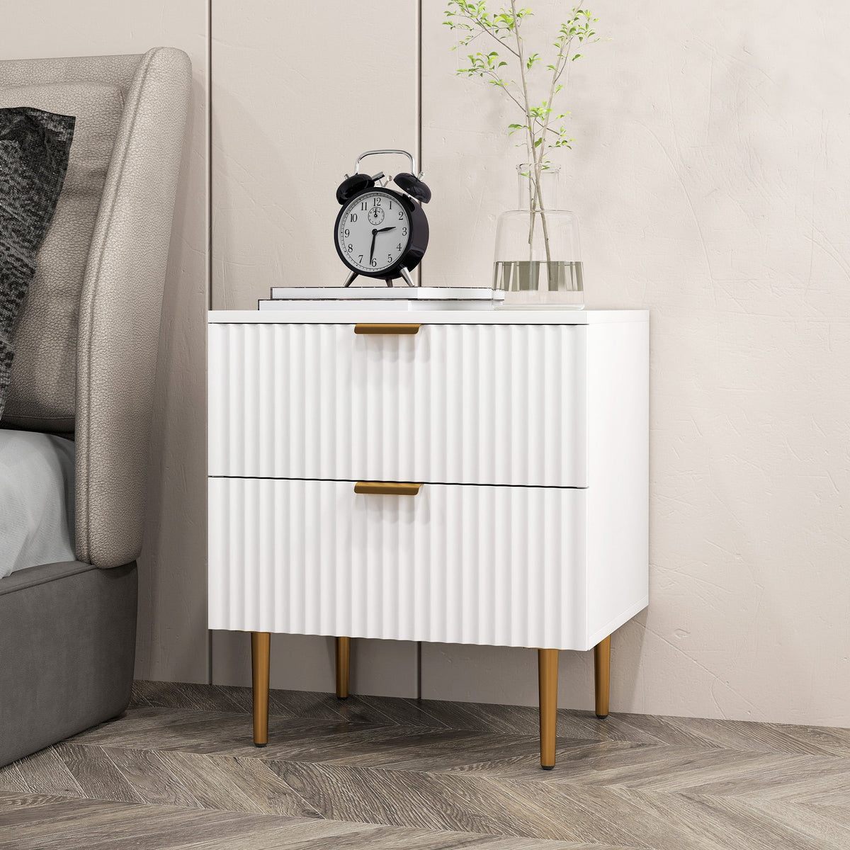 Bedside Table, Modern Nightstand with 2 Drawers, Side End Table with Metal Legs for Living Room, Bedroom, White