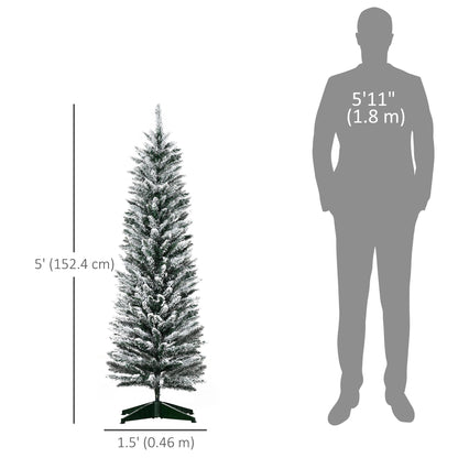 5ft Tall Pencil Artificial Christmas Tree, Holiday Décor with Snow Flocked Branches, Green