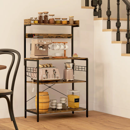 Kitchen Baker's Rack with Power Outlet, Coffee Bar Station with Adjustable Shelves and Hooks, Distressed Grey