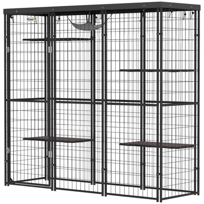 Weld Wire Catio Outdoor Indoor with Waterproof Cover, 4 Jumping Platforms, Hammock, 69" x 22" x 62", Black