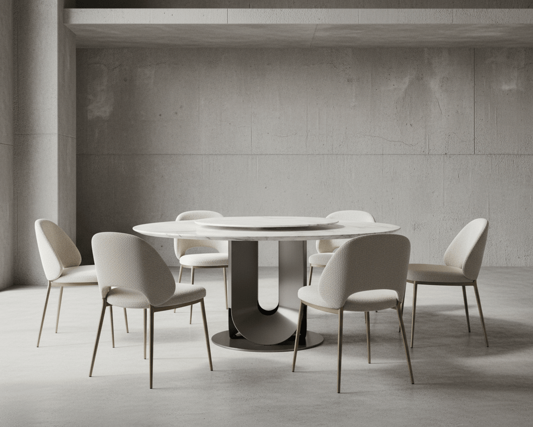 Eleonore Round White Marble Dining Table with Rotating Center