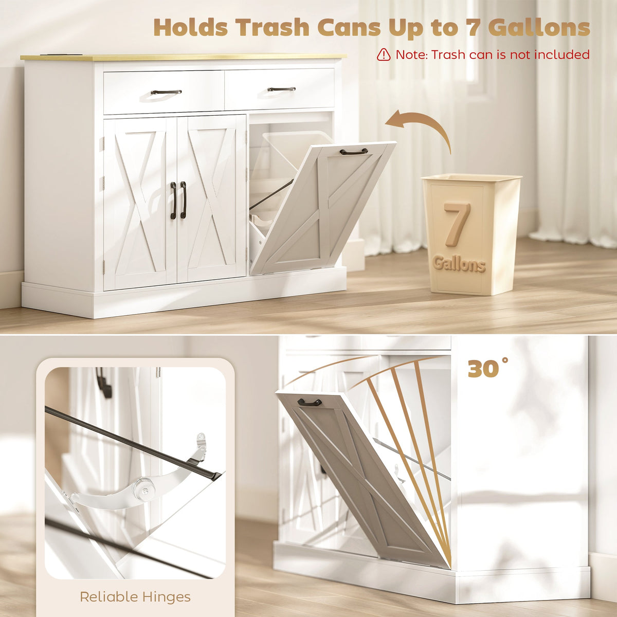7 Gallon Tilt Out Garbage Cabinet, Kitchen Island with Charging Station, 2 Drawers, 4 Door Racks, Black