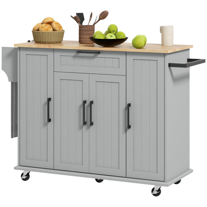 Modern Rolling Kitchen Island Cart with Drawers, Natural Wood Top, Towel Rack, Door Storage Cabinet, Black