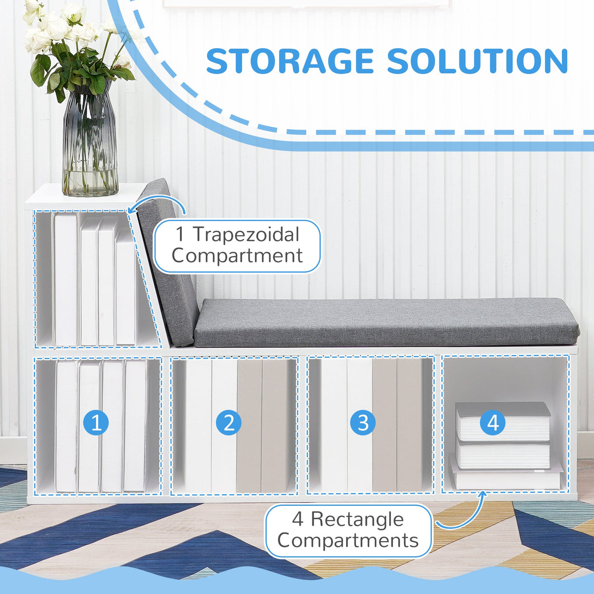 Multi-Purpose Bookshelf with 5 Cubes, 5-Cubby Bookcase with Cushioned Reading Nook and Storage Shelves, Blue