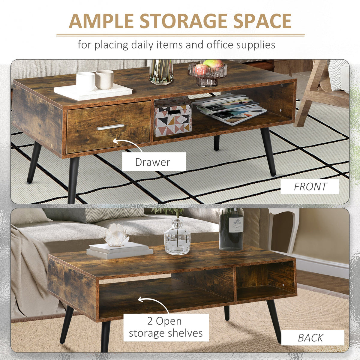 Omari Retro Coffee Table with Storage Shelf and Drawer-Rustic Brown