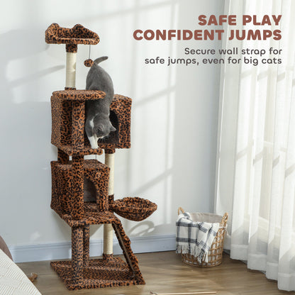 63 Inch Cat Tree with Sisal Scratching Posts, Condos, Plush Perches, Hammock, Ladder, Dangling Balls, Beige